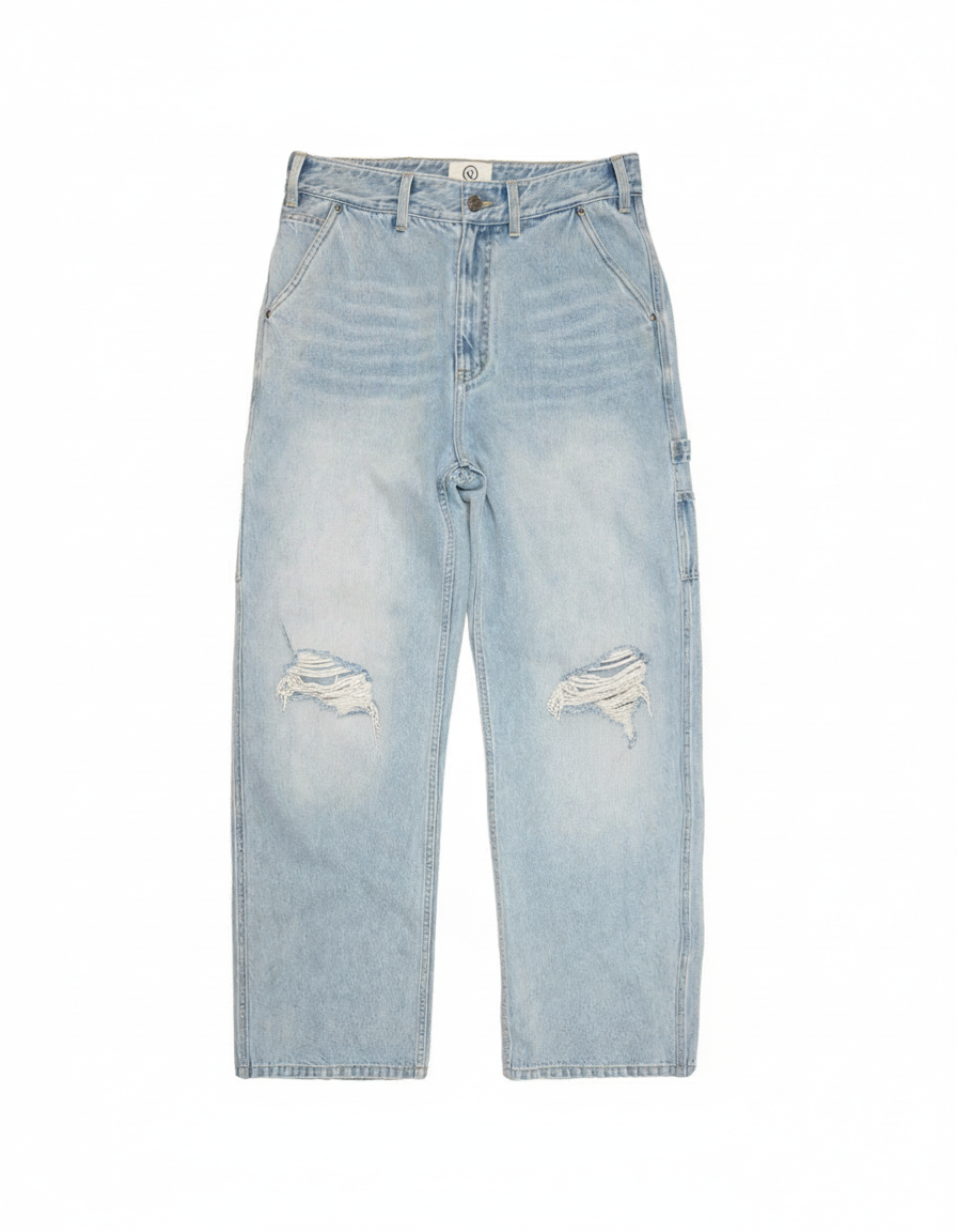 HAND-THRASHED BAGGY CARPENTER LIGHT WASH DENIM