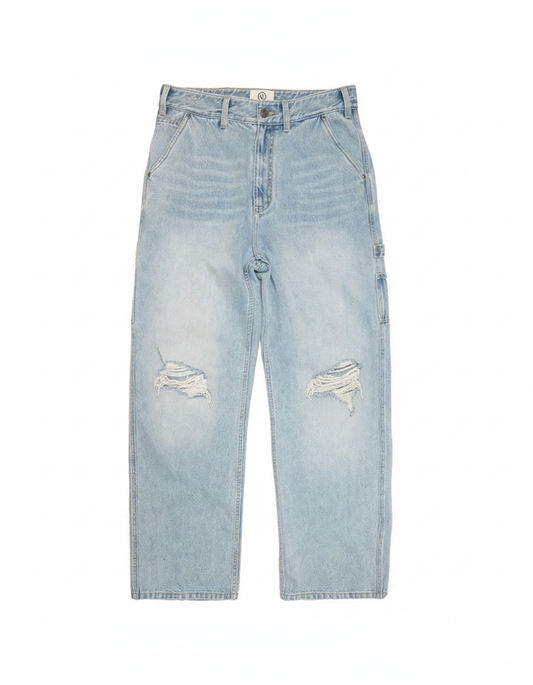 HAND-THRASHED BAGGY CARPENTER LIGHT WASH DENIM