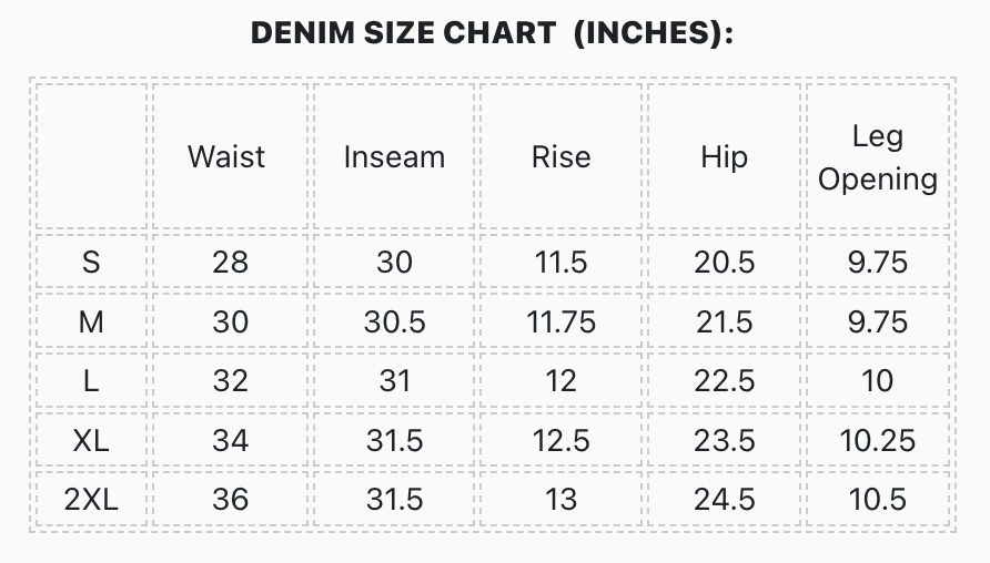 THRASHED DOUBLE KNEE DENIM size chart