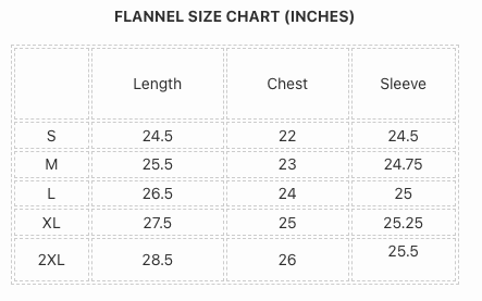 HAYWARD FLANNEL SHIRT size chart