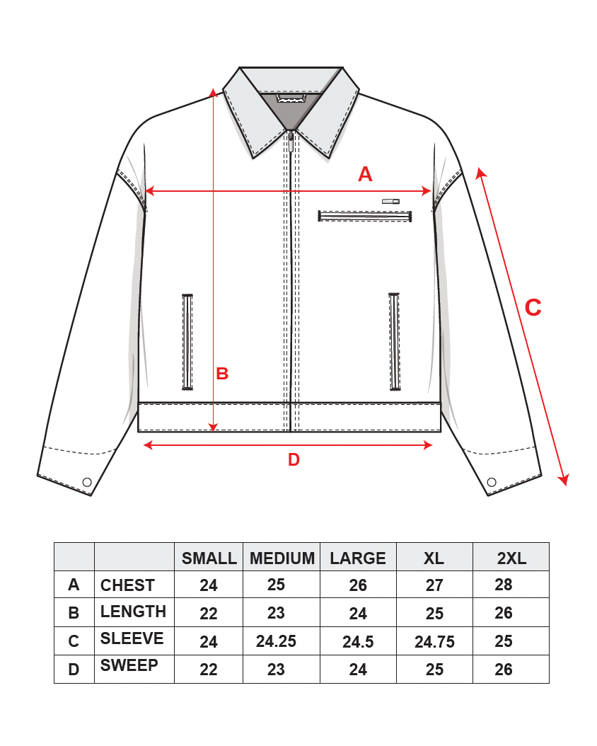 EDWARD JACKET (CANVAS) size chart