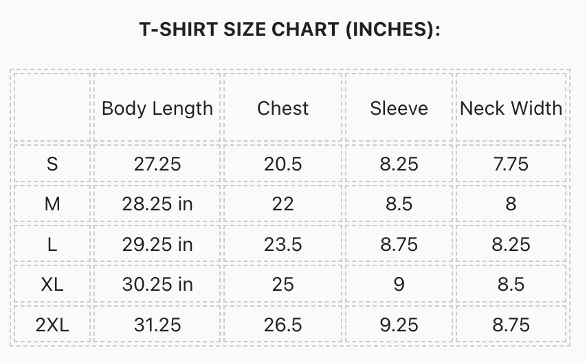 FIELDWORK'S BACKYARD TEE size chart