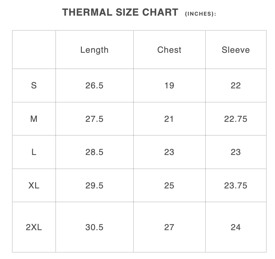 CAMO VINTAGE THERMAL size chart