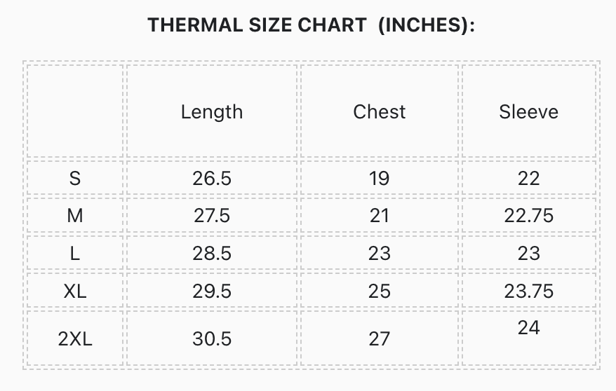 PIT STOP VINTAGE THERMAL size chart