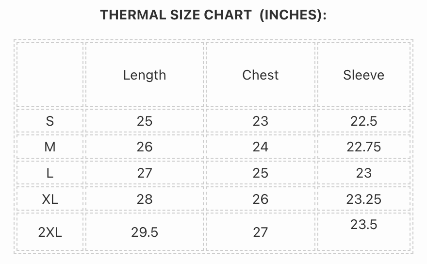 CAMO VINTAGE THERMAL size chart